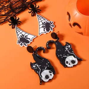 Gothic black skeleton and spider web acrylic earrings for Halloween fashion jewelry