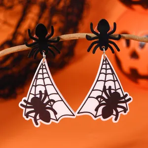 Gothic Halloween spider web acrylic earrings featuring black spider studs and charms