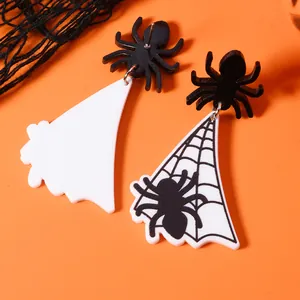Close-up of Halloween spider earrings with web patterns on vibrant orange background