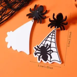 Detailed view of Halloween spider earrings with size dimensions 5.4cm by 3.1cm