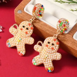 Festive Alloy Christmas Gingerbread Man Halloween Pumpkin Dangle Earrings With Faux Artificial Pearl Rhinestone Inlaid Holiday Jewelry