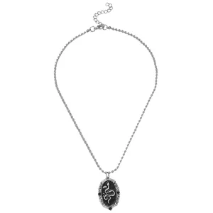Vintage silver ball chain necklace featuring an oval snake pendant with gothic carvings