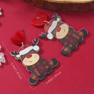 Festive Christmas acrylic earrings with cute cartoon reindeer and red heart studs