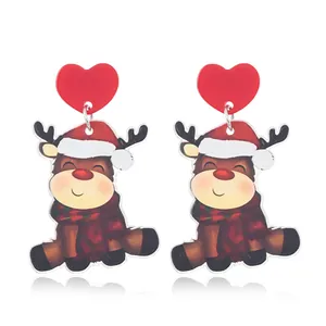 Cute Christmas reindeer acrylic earrings with red heart studs and festive cartoon pendant