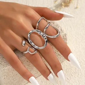 Bagues Ouvertes en Métal Liquide en Alliage Minimaliste pour Femmes Ensemble de Bagues Or Argent Abstraites Géométriques Creuses Cadeau Bijoux de Mode
