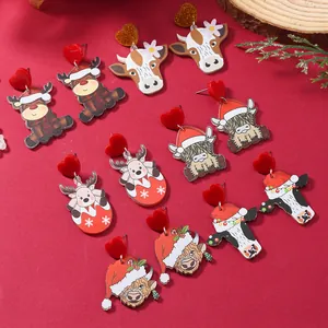 Christmas Acrylic Cartoon Reindeer Cow Drop Earrings Cute Red Heart Stud Festive Party Jewelry Gift For Women