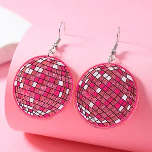 Orecchini a sfera disco rosa glitterati con motivo a scacchi e ganci in argento