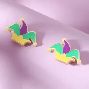 Sparkly purple, green, and gold Jester hat earrings for festive carnival celebration