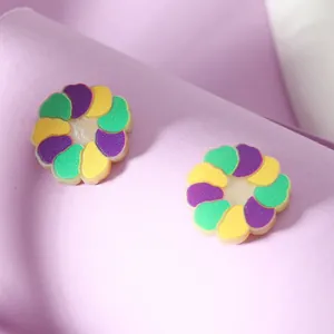 Chic resin flower hoop earrings with vibrant green purple and yellow color blocking