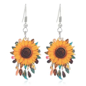 Pendientes colgantes de girasol en acrílico con dijes de hojas de colores para mujer