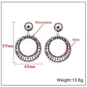Detailed size view of fan-shaped drop earrings featuring grey rhinestones and alloy base