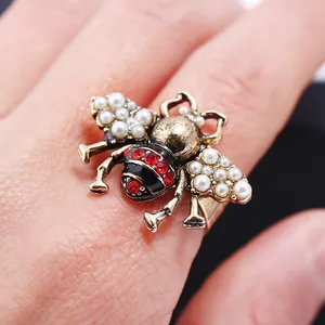 Vintage Alloy Bee Artificial Pearl Adjustable Ring For Women Gold Silver Rhinestone Enamel Insect Open Finger Ring Fashion Jewelry