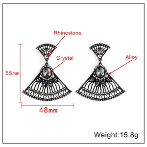 Detailed specs of black fan-shaped drop earrings with crystals, 55mm by 48mm size