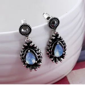 Vintage Antique Silver Alloy Teardrop Earrings With Faux Moonstone Rhinestone Accents Hollow Jewelry For Women Party Gift