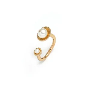 Adjustable gold open ring featuring two elegant white pearls in a minimalist modern style