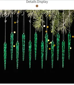 Detail display of 12pcs green acrylic icicle ornaments with hooks for Christmas tree