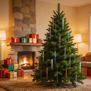 Close-up of colorful glitter icicle ornaments hanging on a Christmas tree in a cozy room