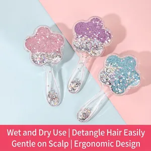 Flower Shape Air Cushion Hairbrush And Hand Mirror Transparent Glitter Sequin Cute Hair Styling Tools For Kids Girls