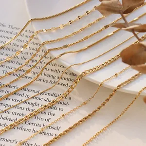 Macro view of various 18k gold plated stainless steel chain necklace textures and links