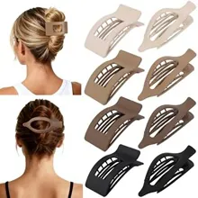 Detailed view of rectangle and curved hair claw clips in various neutral earth tones