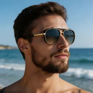 Side view of men's aviator sunglasses with black and gold frames against beach background