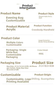 Detailed size and material specification chart for acrylic shell evening clutch bag