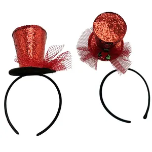 Detailed view of red sequin mini top hat headbands with mesh bows for holiday parties