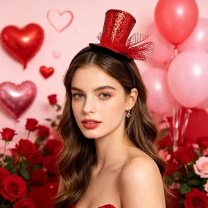 Detail of red sequin mini top hat with black mesh on a party headband for celebration