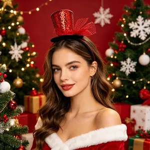Red sequin mini witch hat headband with mesh bow for Halloween and holiday parties