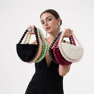Semi Circle Acrylic Evening Clutch Bag With Beaded Handle Marble Pattern Retro Elegant Handbag For Women Wedding Party
