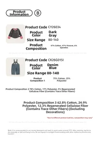Detailed spec chart for girls' long sleeve top and denim overalls with fabric analysis