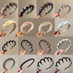 Detailed grid view of 16 organza flower hair clips and fabric headbands in pastel colors