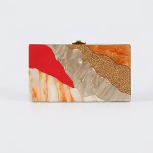 Acrylic Evening Clutch Bag Marble Texture Color Block Hard Shell Rectangular Metal Clasp Wedding Party Elegant Handbag