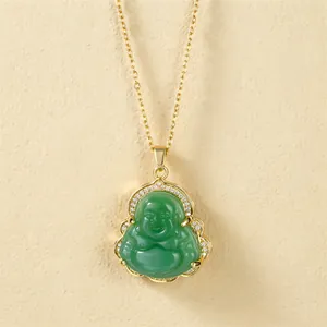 Gold plated stainless steel Laughing Buddha pendant necklace with green faux jade and stones