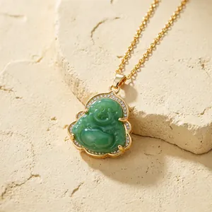 Gold plated stainless steel laughing Buddha pendant necklace with green jade and crystals