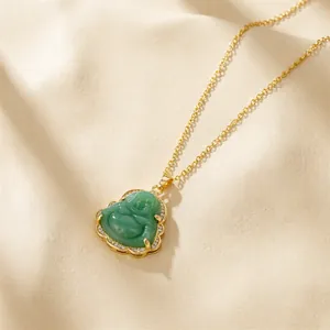 Gold-plated stainless steel Buddha pendant necklace with green jade and zircon stones