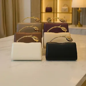 Women PU Leather Evening Bag With Tulip Metal Handle Chain Strap Crossbody Clutch For Party Wedding Banquet