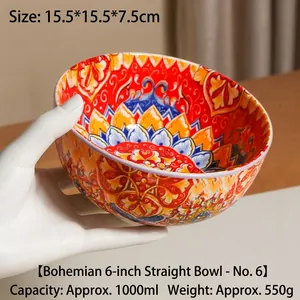 Ciotola in ceramica stile bohémien con motivi etnici colorati, 15,5 cm, capacità di 1000 ml