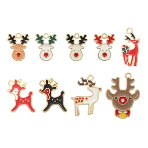 9pcs Christmas reindeer enamel charms for DIY jewelry making with gold-tone metal base