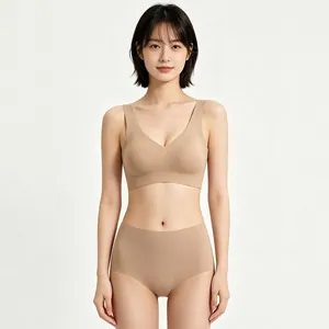 Ensemble de Lingerie Sans Couture d'Une Pièce pour Femmes Soutien-Gorge de Sommeil Confortable à Col en V et Culotte