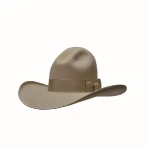 Classic camel wool felt fedora with wide brim and matching ribbon band for women