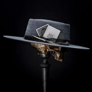 Sombrero Pork Pie de Fieltro de Lana Pura Vintage para Hombre Mujer Ala Ancha Fedora de Copa Plana Con Decoración de Pluma Gris Unisex