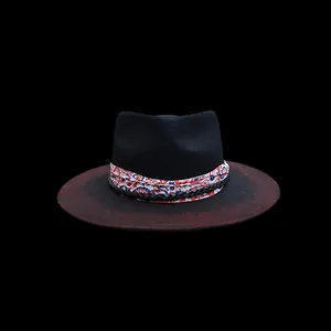 Chapeau Fedora en laine noire avec bord dégradé rouge et ruban de style ethnique