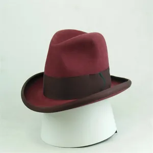 Classic burgundy wool felt fedora hat featuring a stylish dark brown ribbon band accent