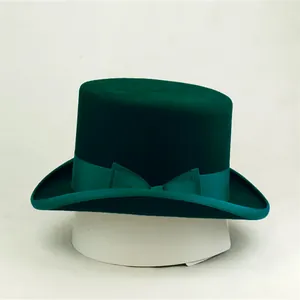 Vintage Wool Felt Top Hat For Men Women Solid Color High Crown Fedora With Ribbon Bow Party Formal Dress Hat