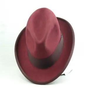 Elegant burgundy wool felt fedora hat with matching ribbon trim and teardrop crown
