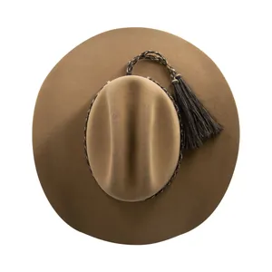 Chapeau de cowboy classique en feutre de laine marron foncé avec bande tissée et glands