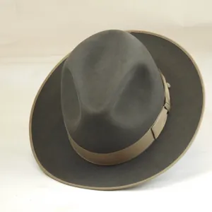 Classic olive green wool fedora hat with khaki grosgrain ribbon and structured brim
