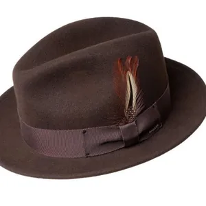 Classic dark brown wool fedora hat featuring a grosgrain ribbon and a stylish feather accent