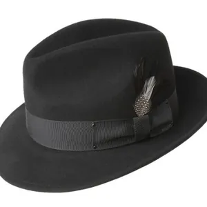 Classic black wool fedora hat with ribbon band and black and white feather accent